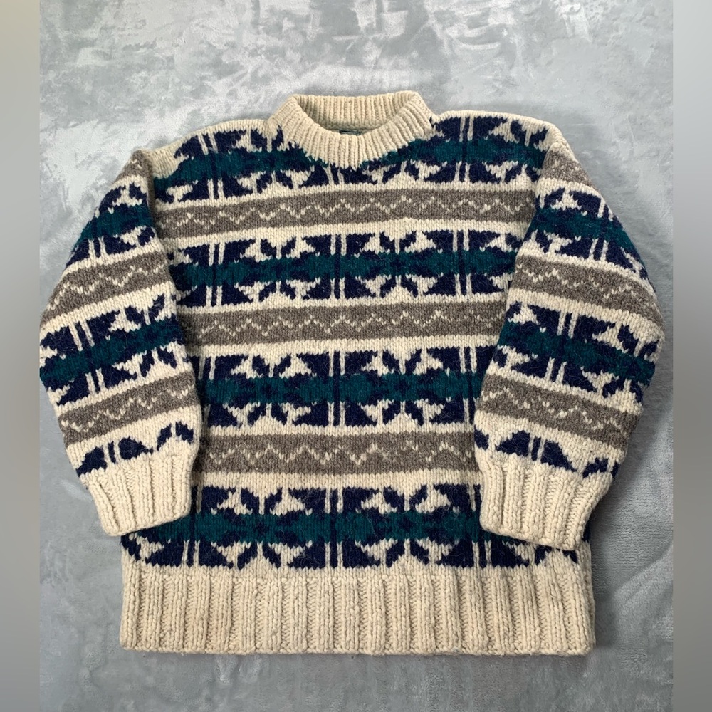 Men's Cream and Navy Patterned Crewneck Sweater